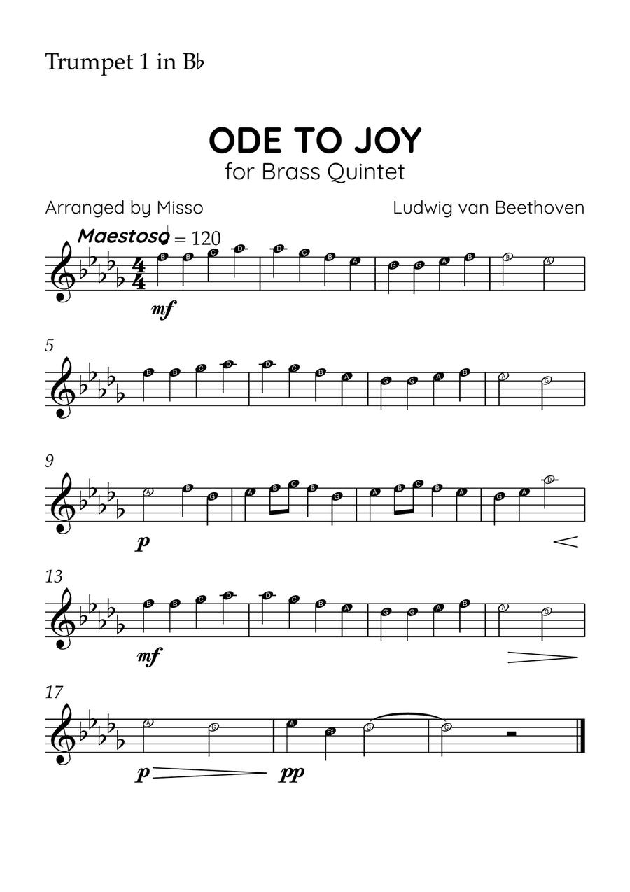 Ode to Joy - Brass Quintet in B Major - Beginner Letter Names - Sheet Music Brass Quintet scores gallery preview page 3
