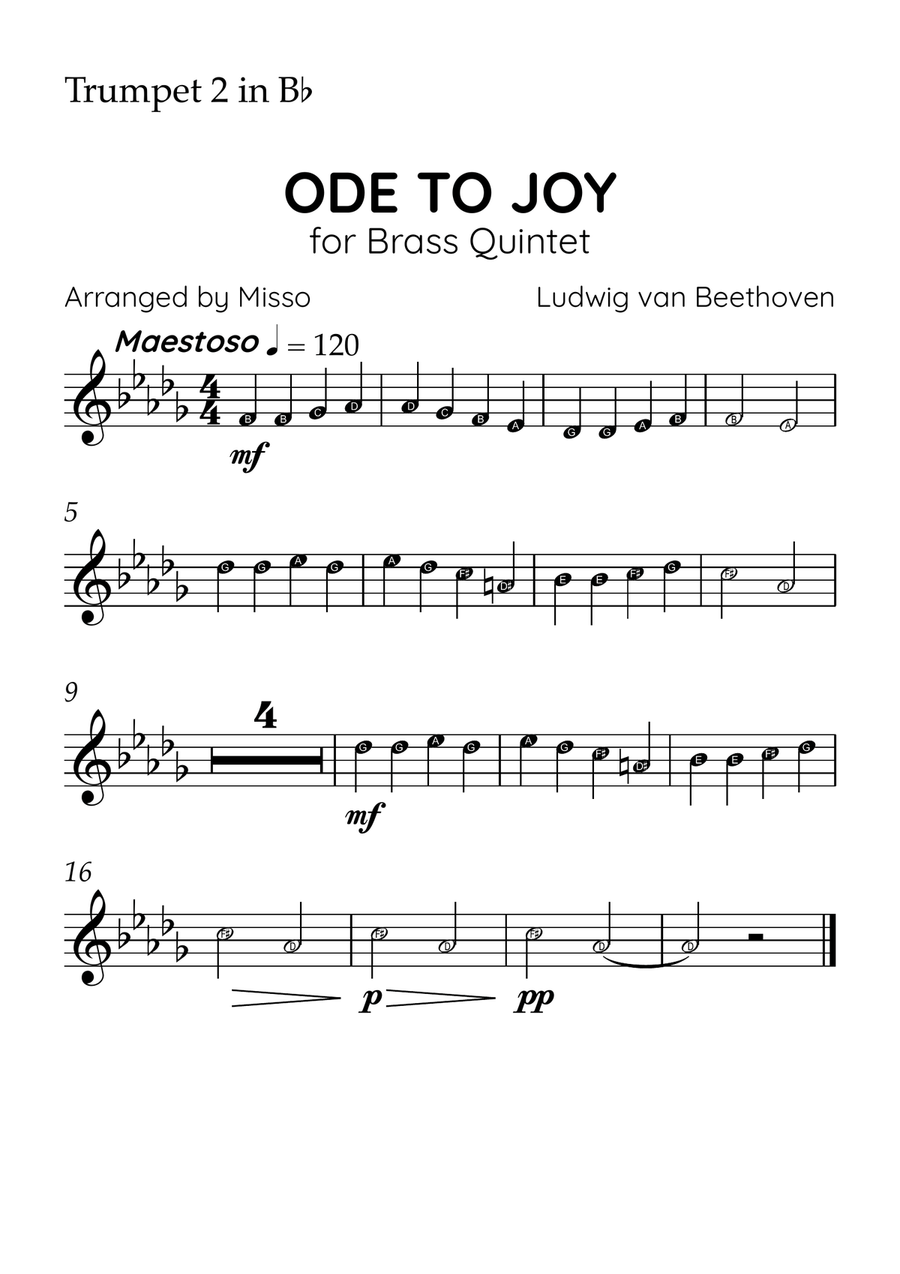 Ode to Joy - Brass Quintet in B Major - Beginner Letter Names - Sheet Music Brass Quintet scores gallery preview page 4