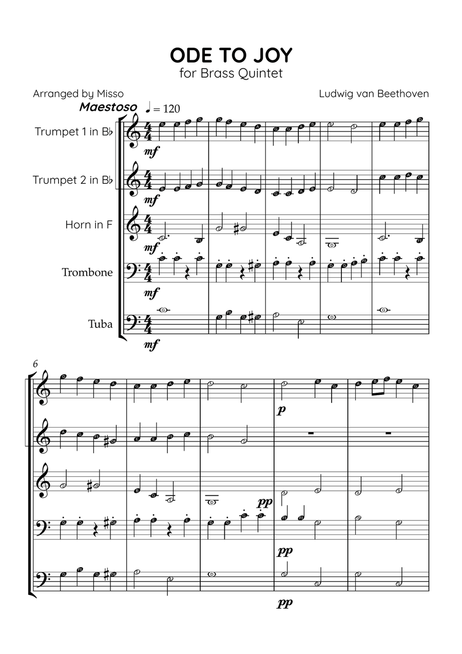 Ode to Joy - Brass Quintet in C Major - Beginner Letter Names - Sheet Music Brass Quintet scores gallery preview page 1