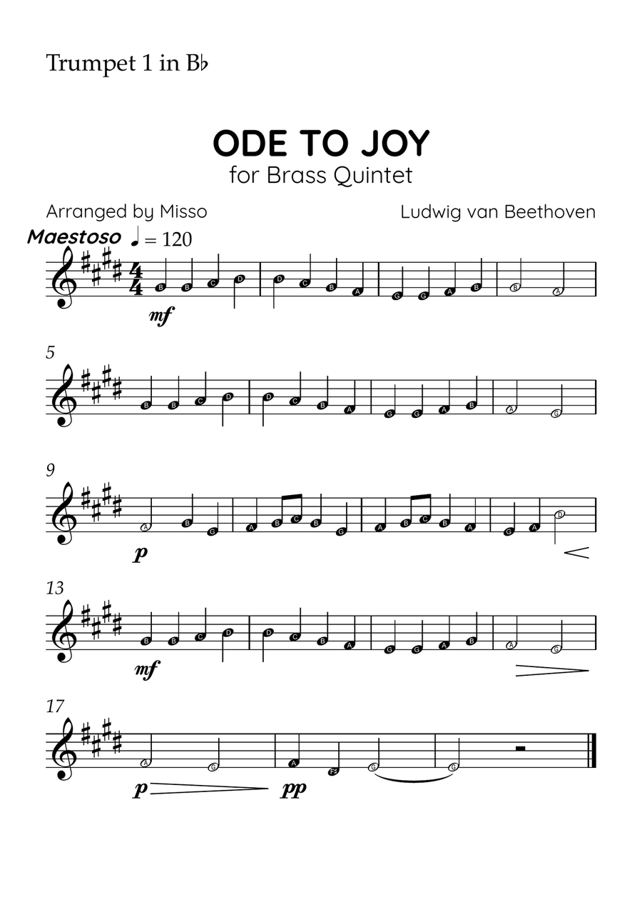 Ode to Joy - Brass Quintet in D Major - Beginner Letter Names - Sheet Music Brass Quintet scores gallery preview page 3