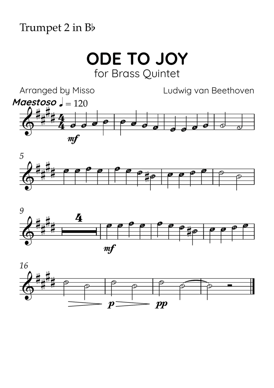 Ode to Joy - Brass Quintet in D Major - Beginner Letter Names - Sheet Music Brass Quintet scores gallery preview page 4