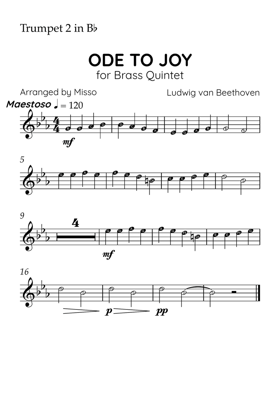 Ode to Joy - Brass Quintet in Db Major - Beginner Letter Names - Sheet Music Brass Quintet scores gallery preview page 4