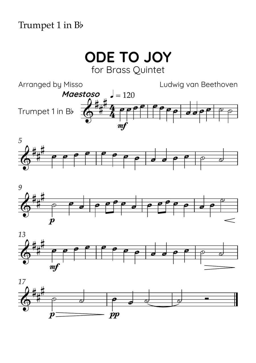 Ode to Joy - Brass Quintet in G Major - Beginner Letter Names - Sheet Music Brass Quintet scores gallery preview page 3