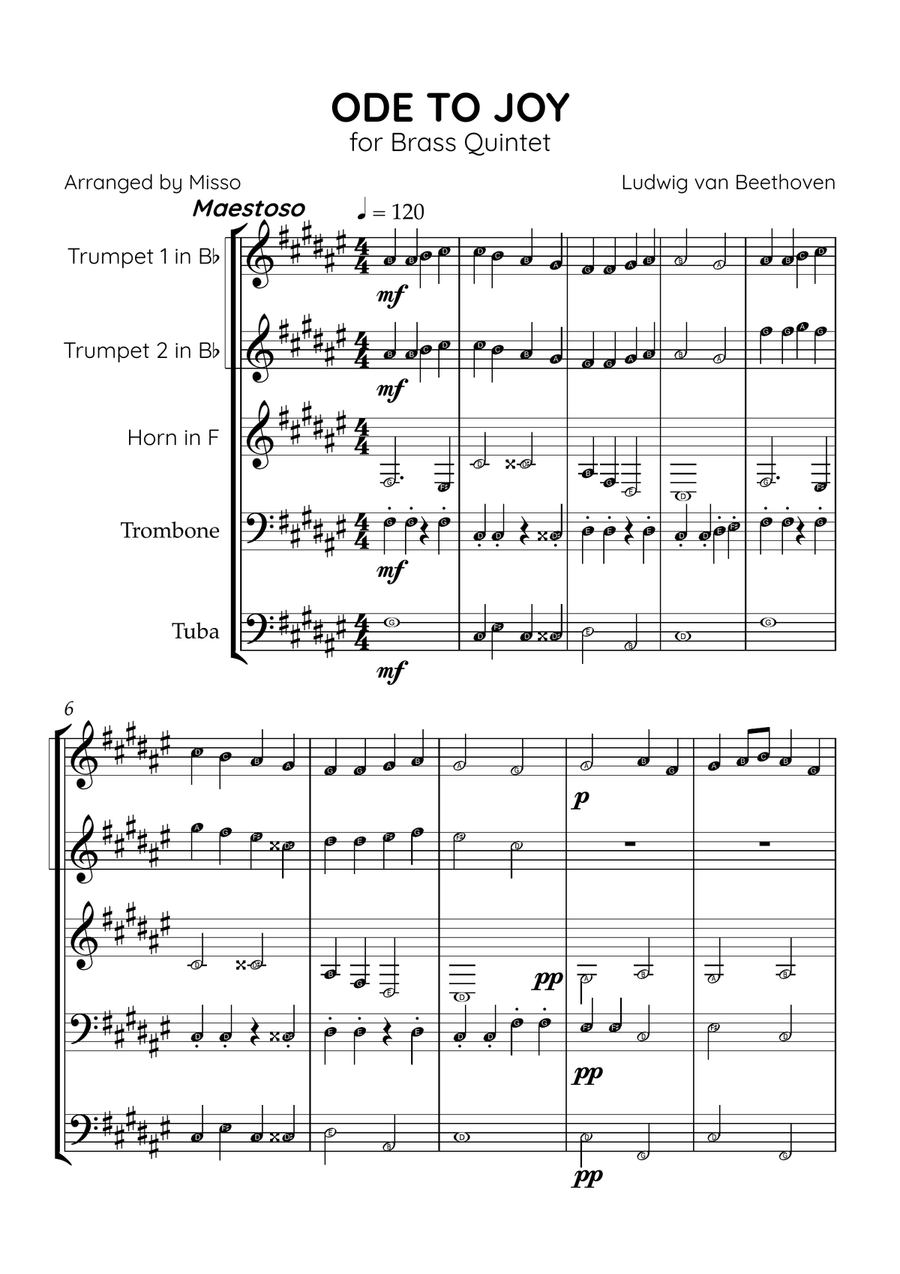 Ode to Joy - Brass Quintet in F# Major - Beginner Letter Names - Sheet Music Brass Quintet scores gallery preview page 1