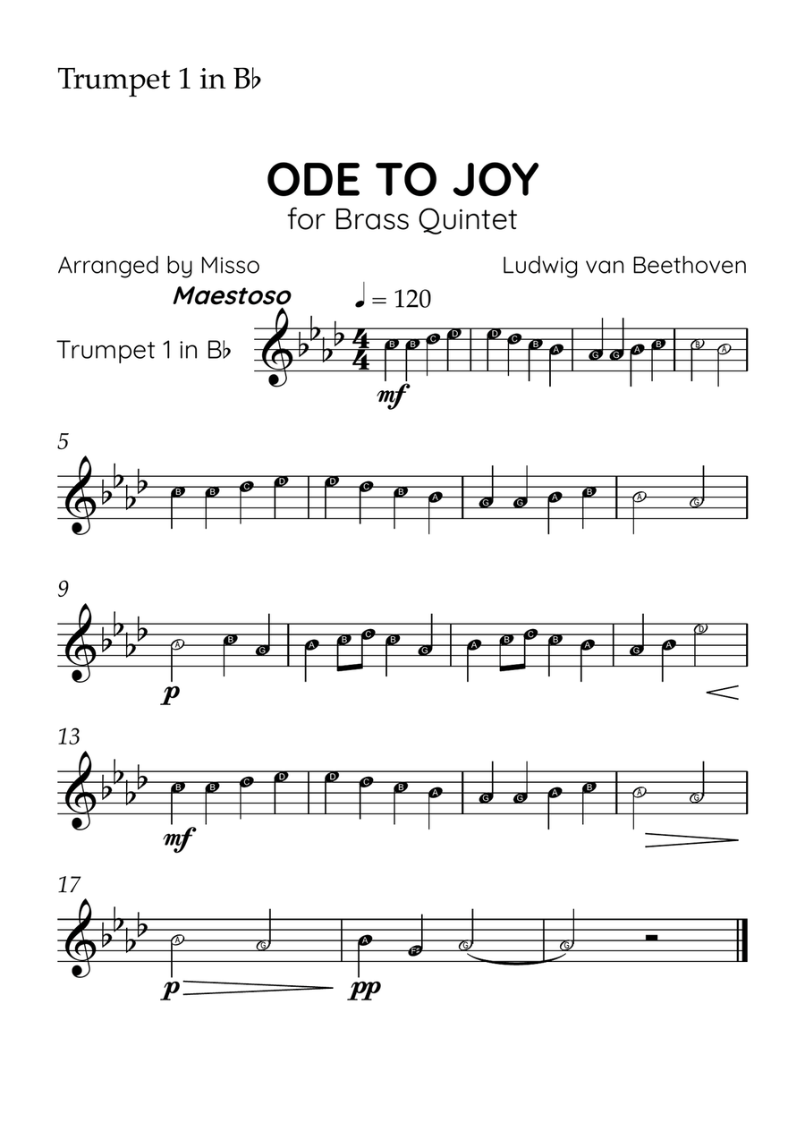 Ode to Joy - Brass Quintet in F# Major - Beginner Letter Names - Sheet Music Brass Quintet scores gallery preview page 3