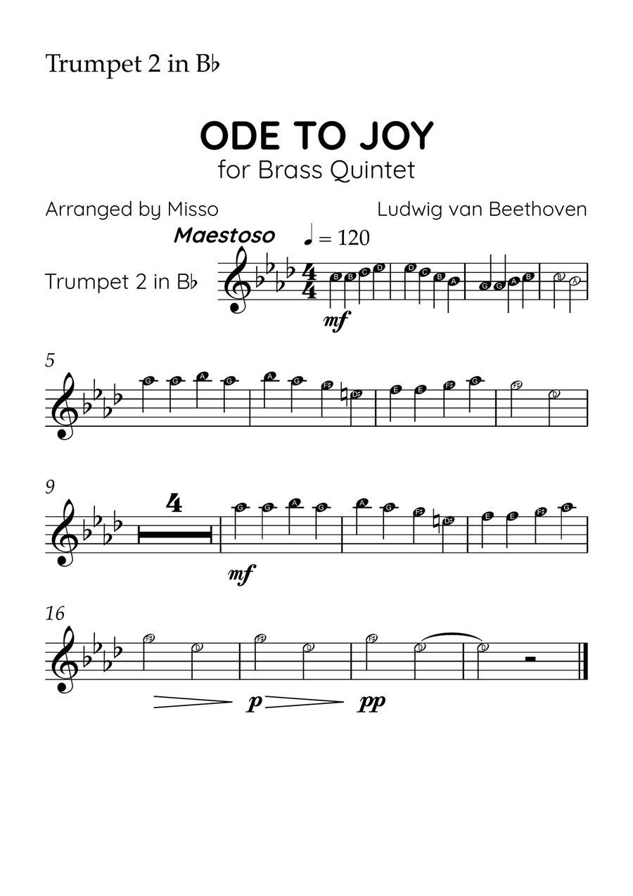 Ode to Joy - Brass Quintet in F# Major - Beginner Letter Names - Sheet Music Brass Quintet scores gallery preview page 4