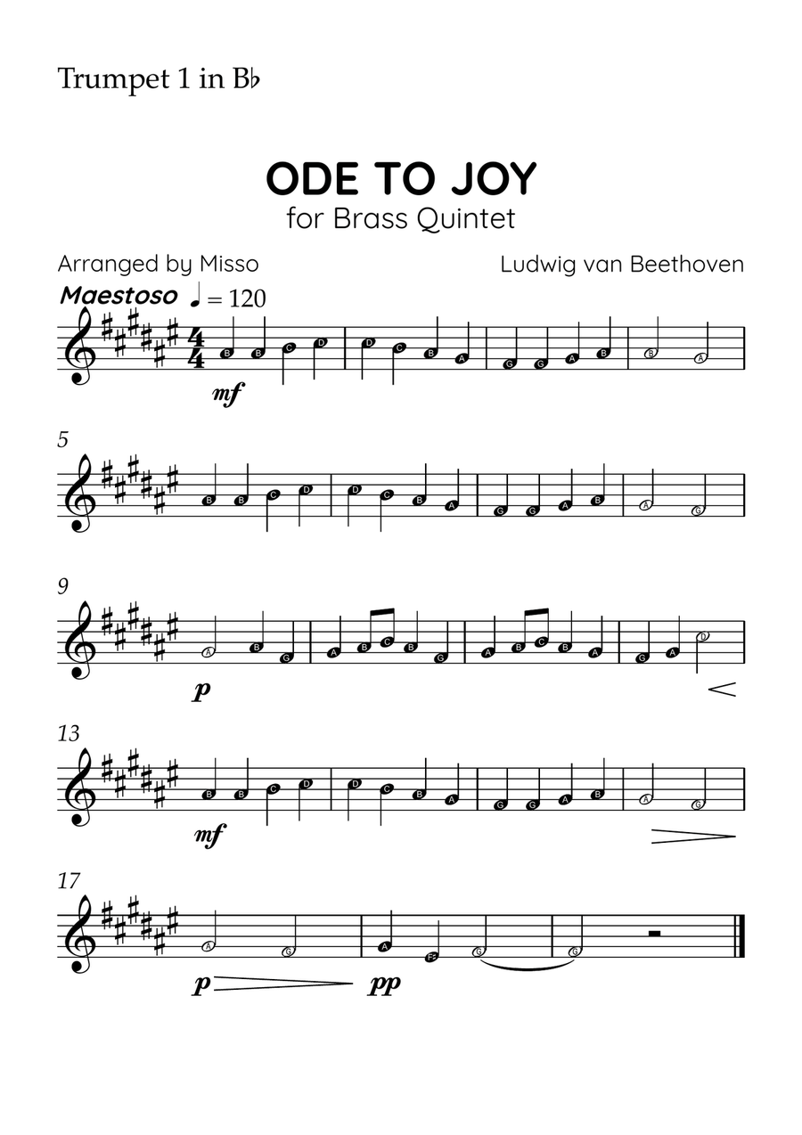 Ode to Joy - Brass Quintet in E Major - Beginner Letter Names - Sheet Music Brass Quintet scores gallery preview page 3
