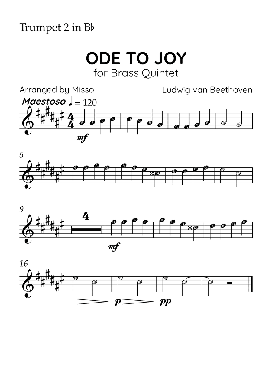 Ode to Joy - Brass Quintet in E Major - Beginner Letter Names - Sheet Music Brass Quintet scores gallery preview page 4