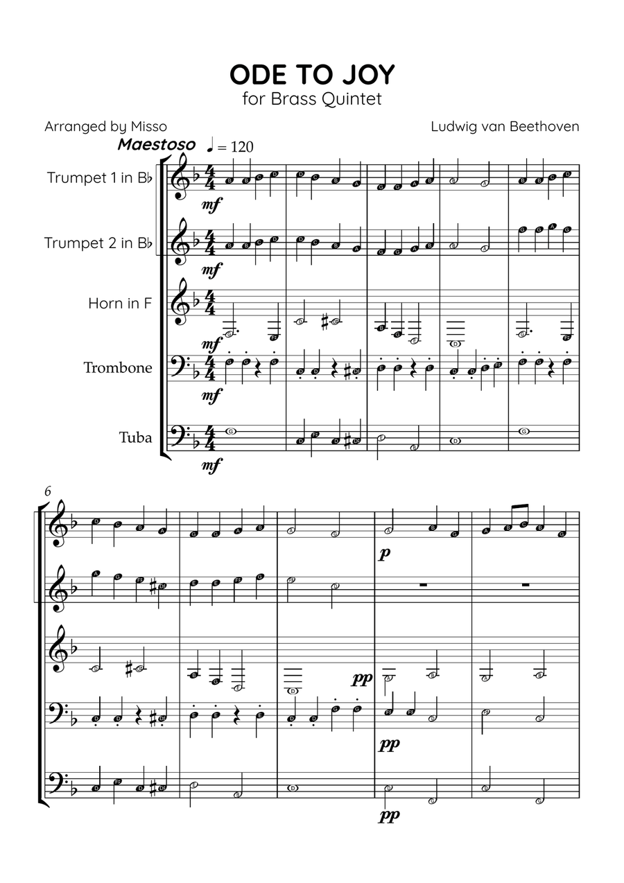 Ode to Joy - Brass Quintet in F Major - Beginner Letter Names - Sheet Music Brass Quintet scores gallery preview page 1