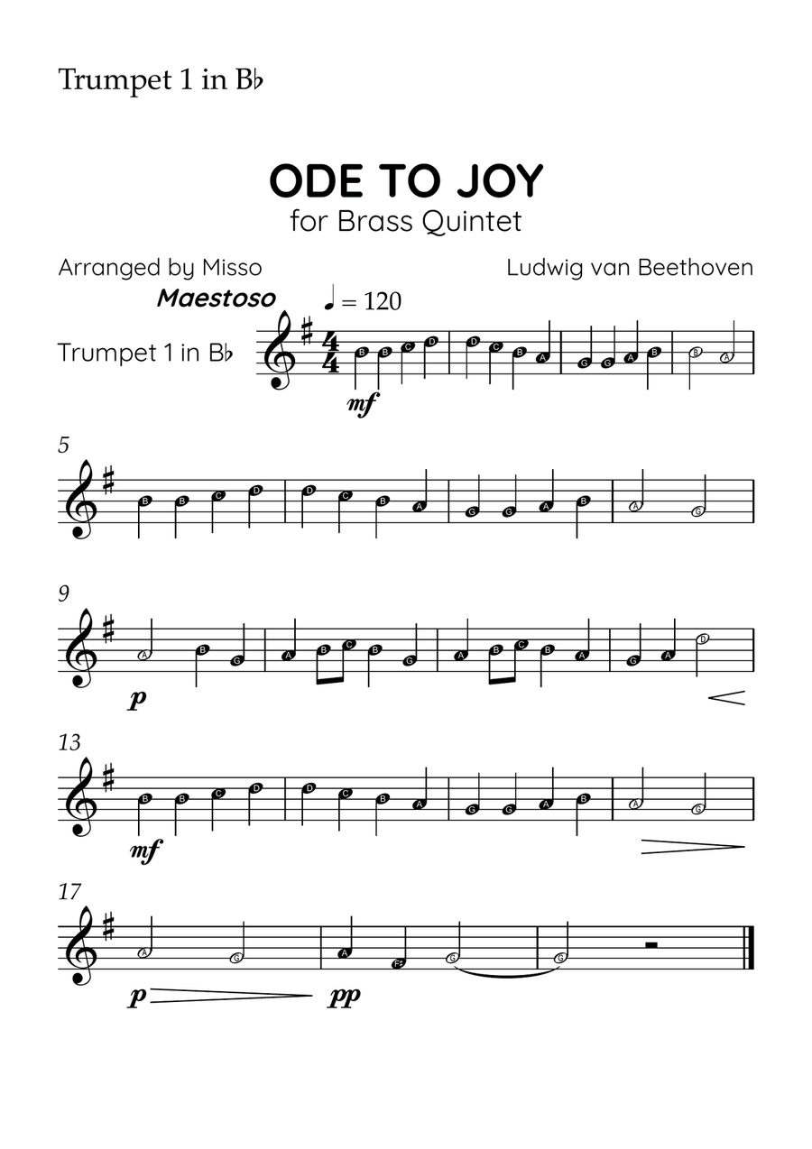 Ode to Joy - Brass Quintet in F Major - Beginner Letter Names - Sheet Music Brass Quintet scores gallery preview page 3