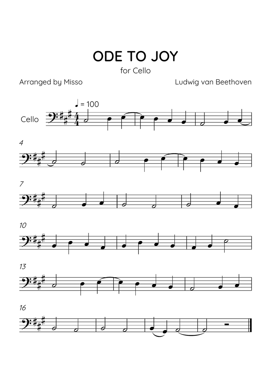 Ode to Joy - Cello in A Major - Beginner Level - Sheet Music Cello Solo scores gallery preview page 1