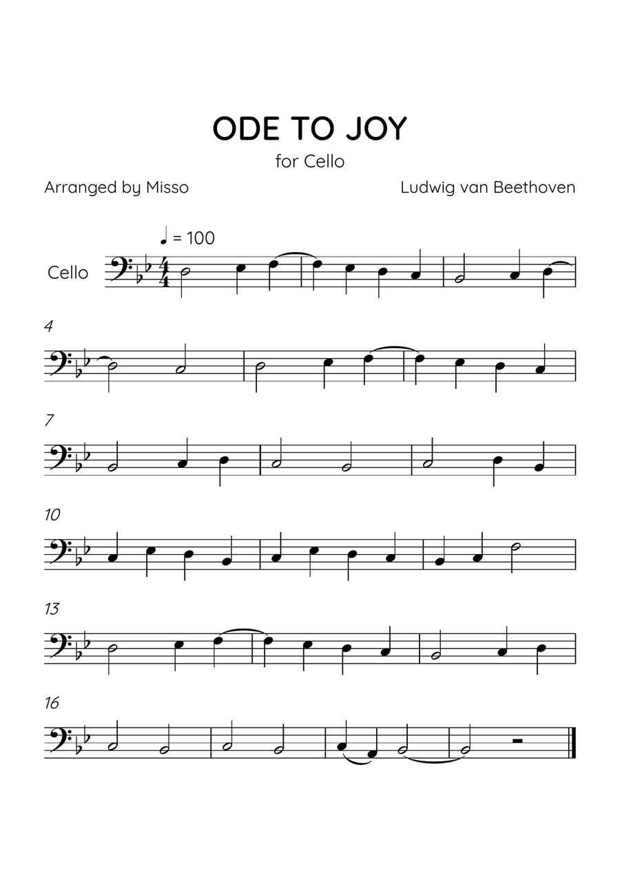 Ode to Joy - Cello in Bb Major - Beginner Level - Sheet Music Cello Solo scores gallery preview page 1