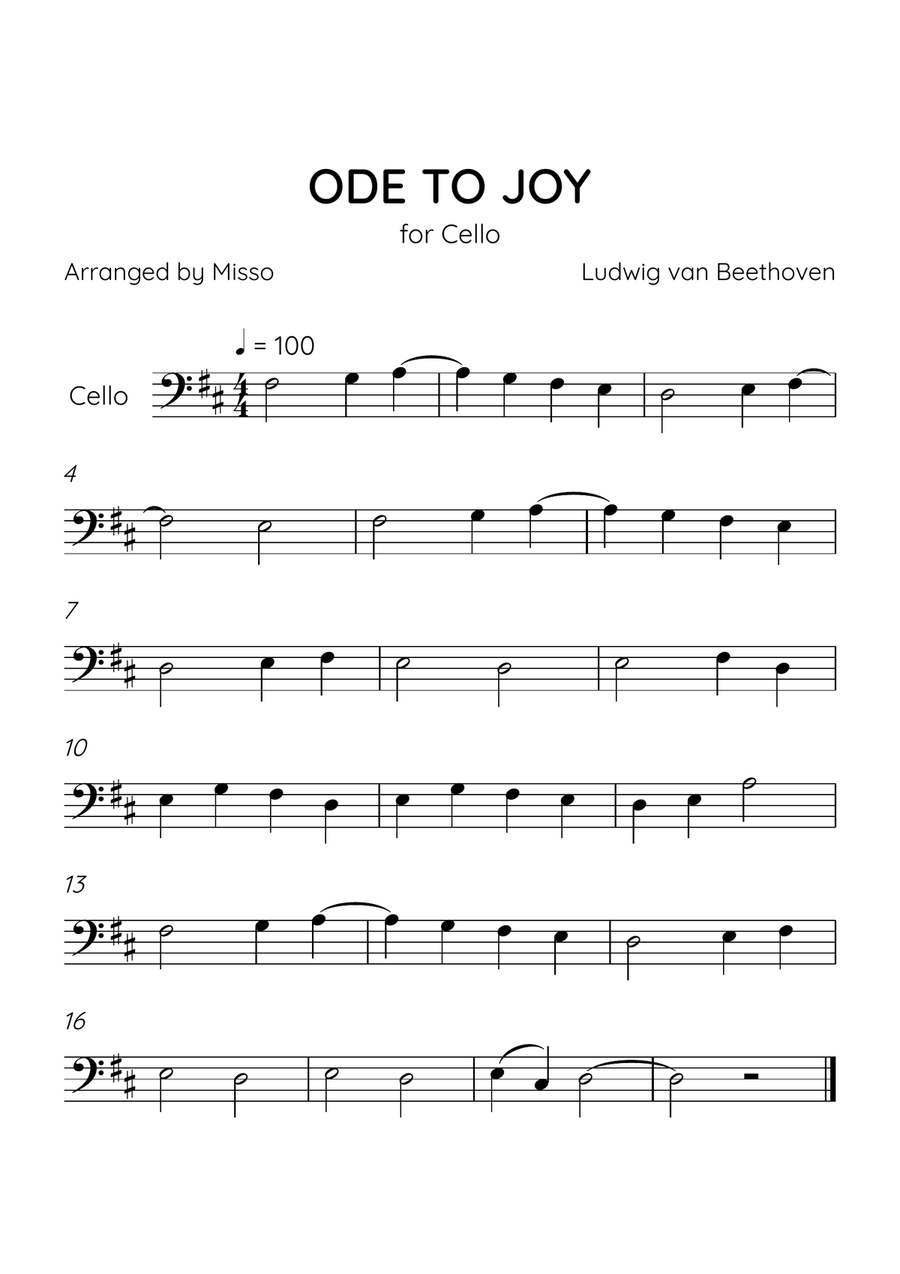 Ode to Joy - Cello in D Major - Beginner Level - Sheet Music Cello Solo scores gallery preview page 1