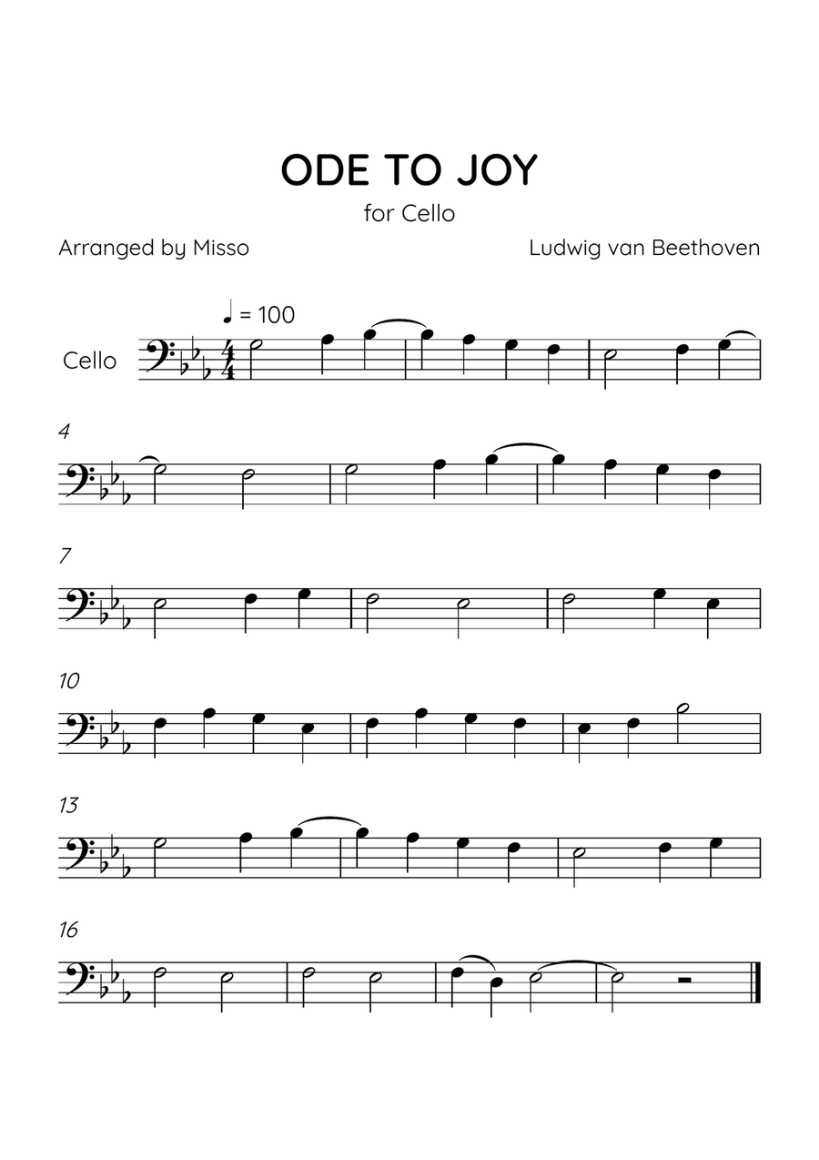 Ode to Joy - Cello in Eb Major - Beginner Level - Sheet Music Cello Solo scores gallery preview page 1