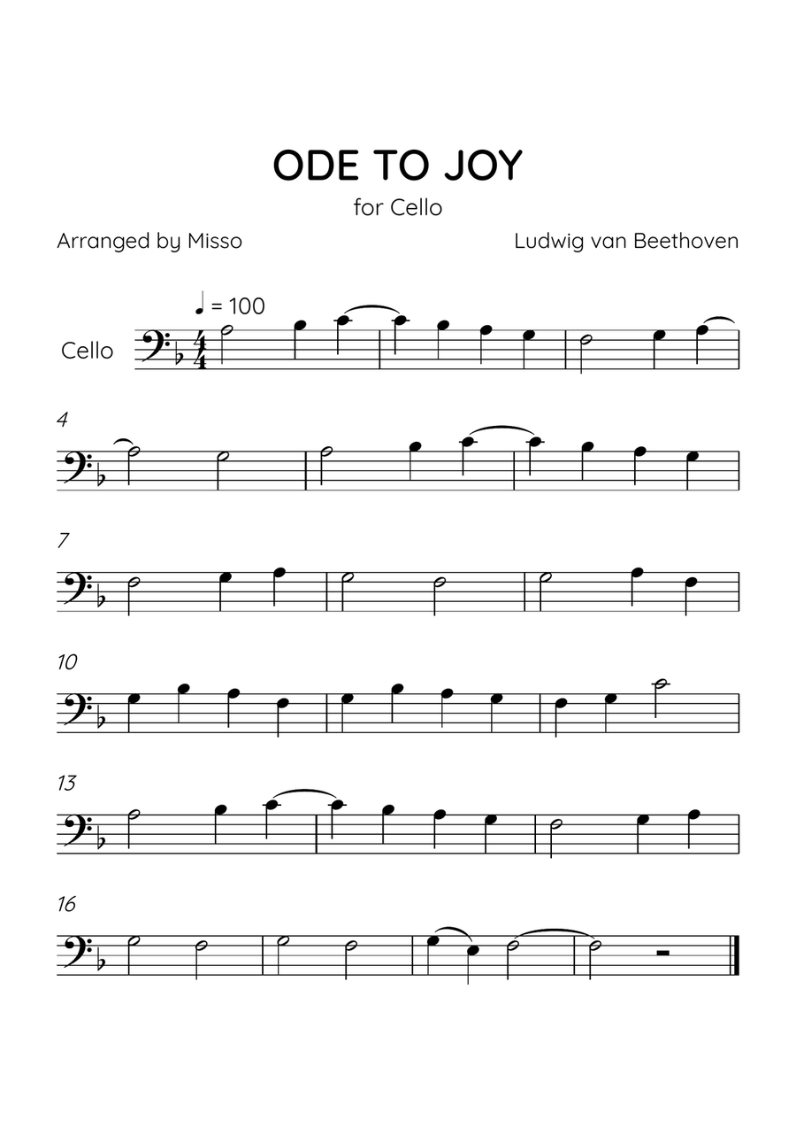 Ode to Joy - Cello in F Major - Beginner Level - Sheet Music Cello Solo scores gallery preview page 1
