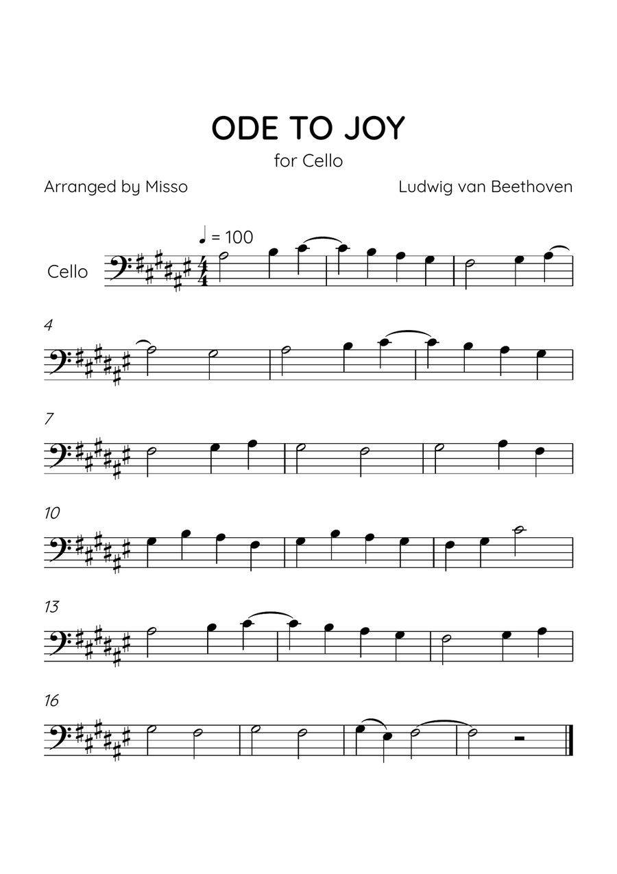 Ode to Joy - Cello in F# Major - Beginner Level - Sheet Music Cello Solo scores gallery preview page 1