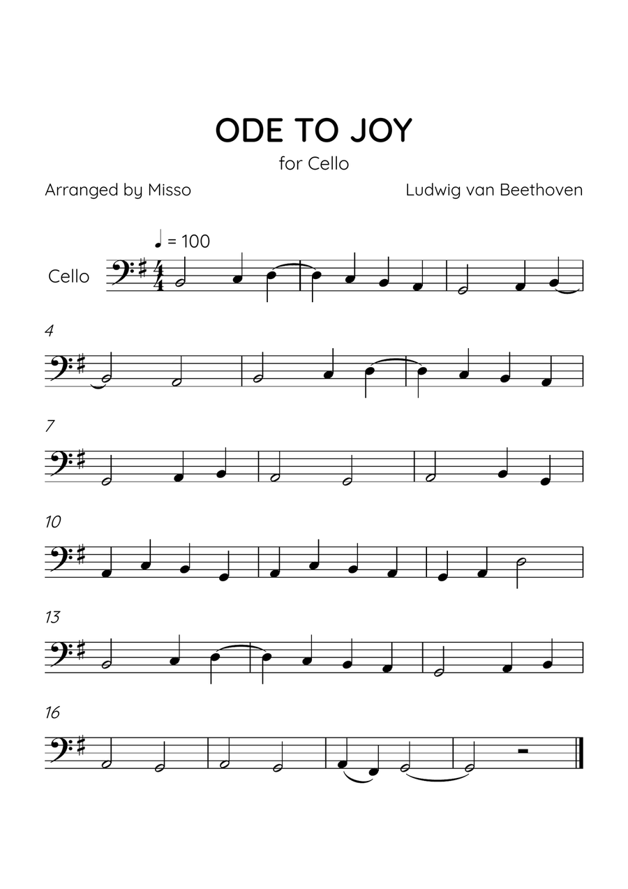 Ode to Joy - Cello in G Major - Beginner Level - Sheet Music Cello Solo scores gallery preview page 1