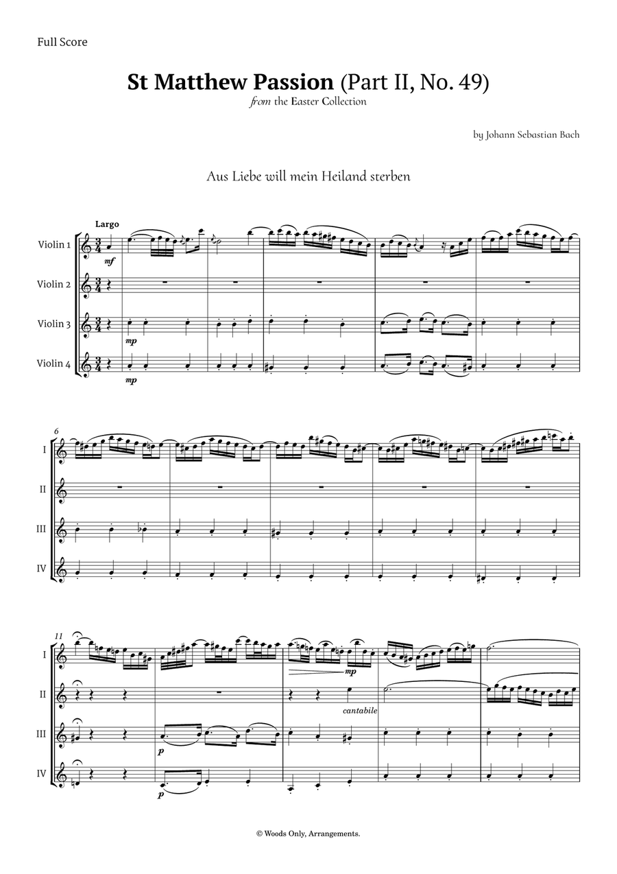 Aus Liebe will mein Heiland sterben by Bach for Violin Quartet String Quartet scores gallery preview page 1