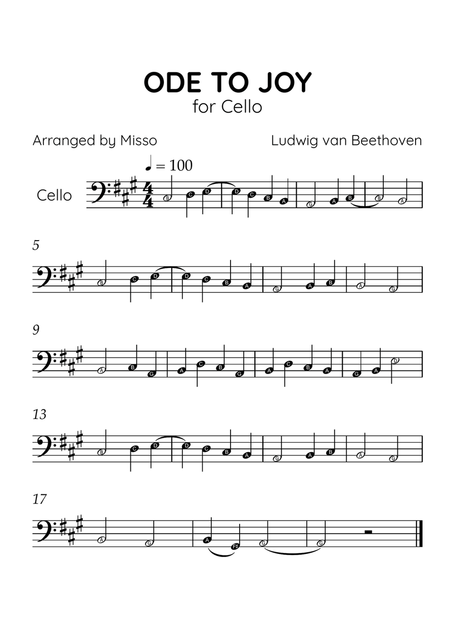 Ode to Joy - Cello in A Major - Beginner Level Letter Names - Sheet Music Cello Solo scores gallery preview page 1