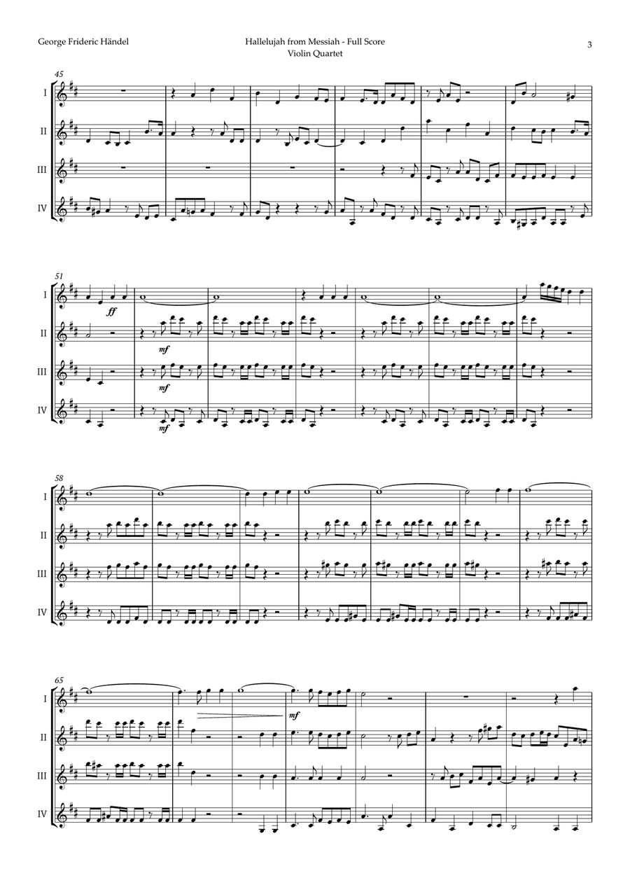 Hallelujah by Friedrich Händel for Violin Quartet String Quartet scores gallery preview page 3
