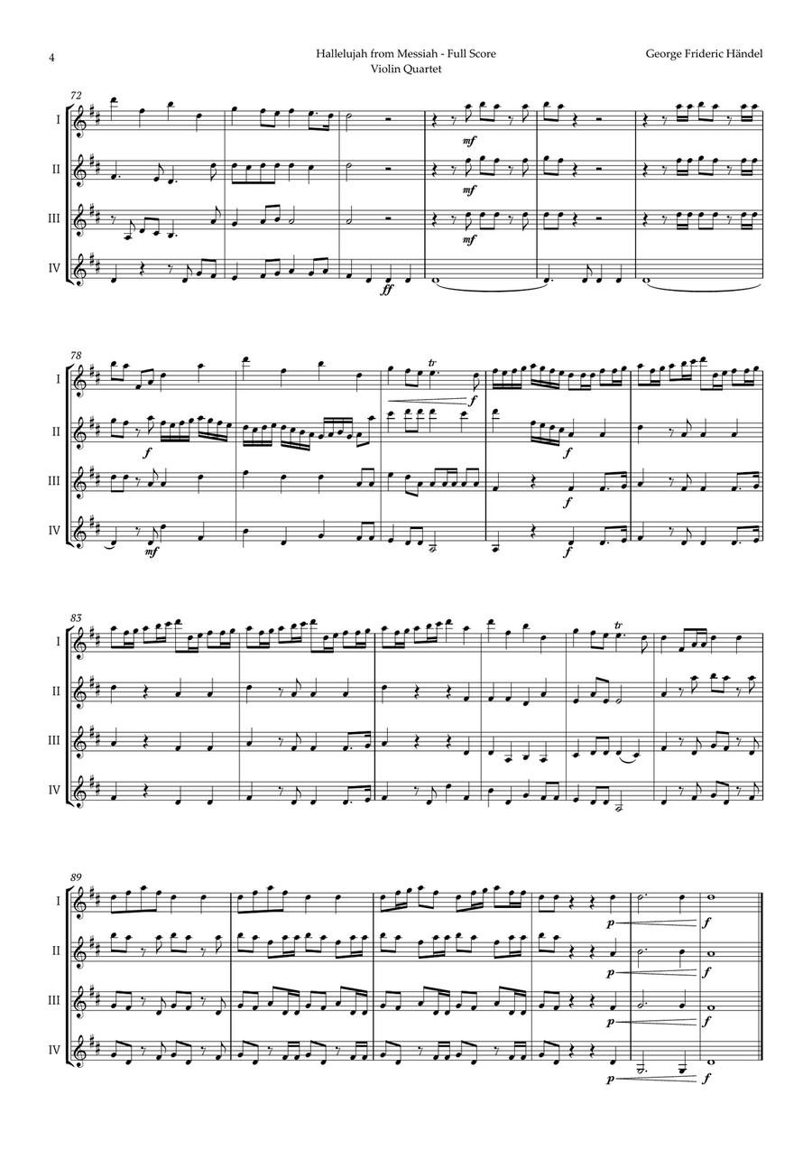 Hallelujah by Friedrich Händel for Violin Quartet String Quartet scores gallery preview page 4