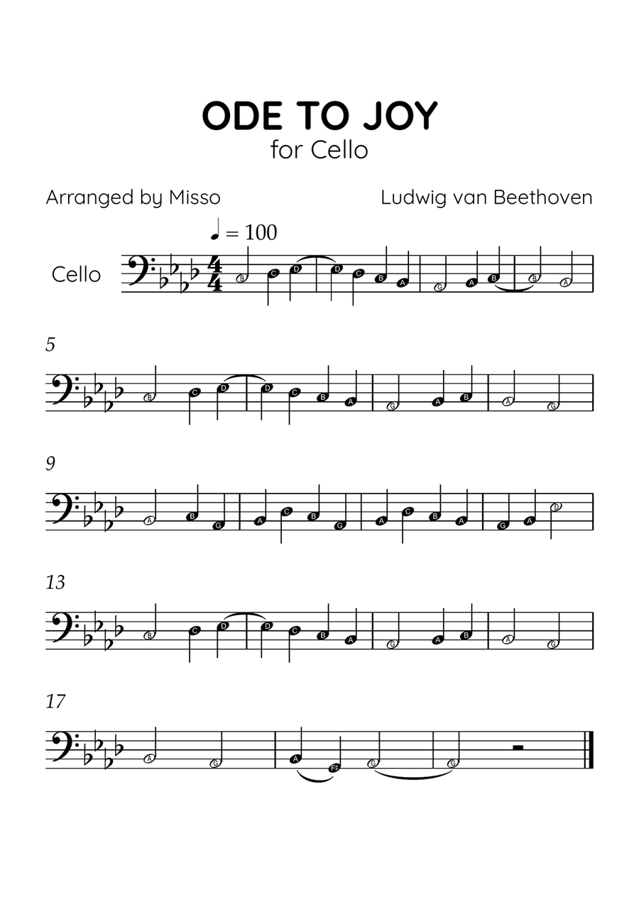 Ode to Joy - Cello in Ab Major - Beginner Level Letter Names - Sheet Music Cello Solo scores gallery preview page 1