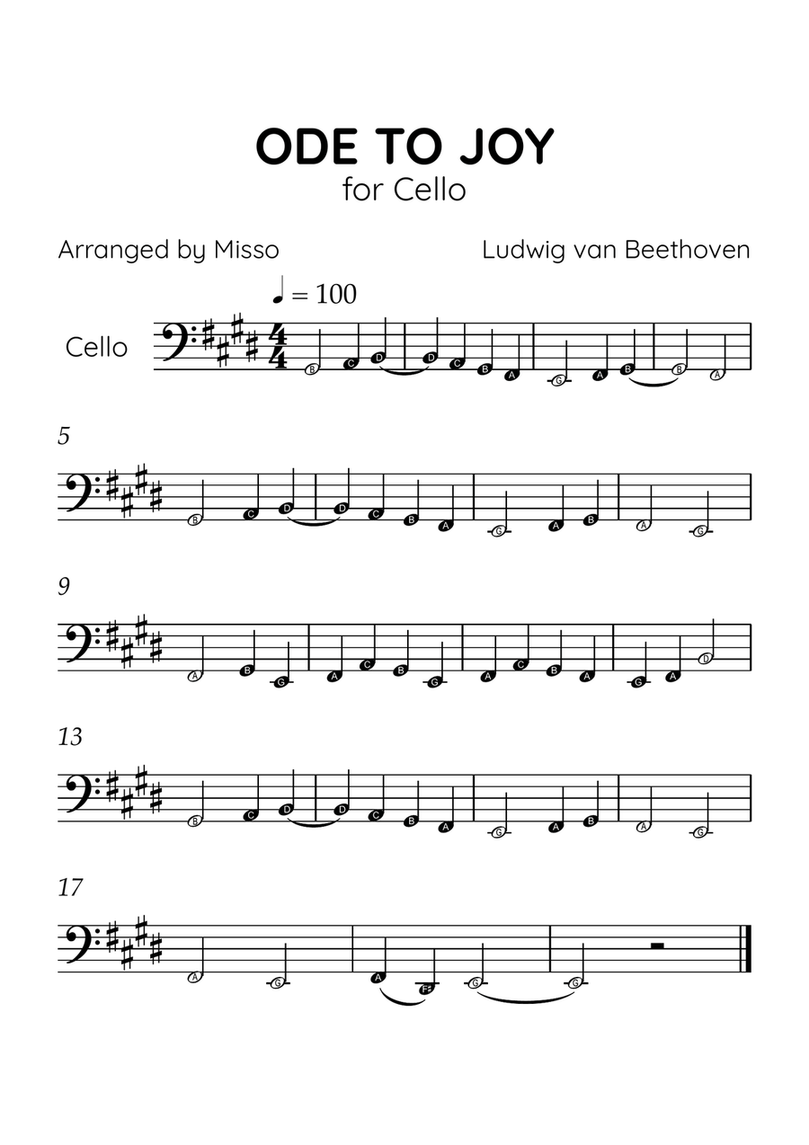 Ode to Joy - Cello in E Major - Beginner Level Letter Names - Sheet Music Cello Solo scores gallery preview page 1