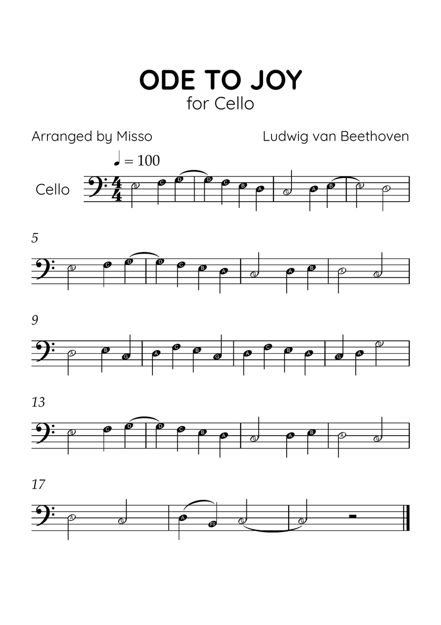 Ode to Joy - Cello in C Major - Beginner Level Letter Names - Sheet Music Cello Solo scores gallery preview page 1