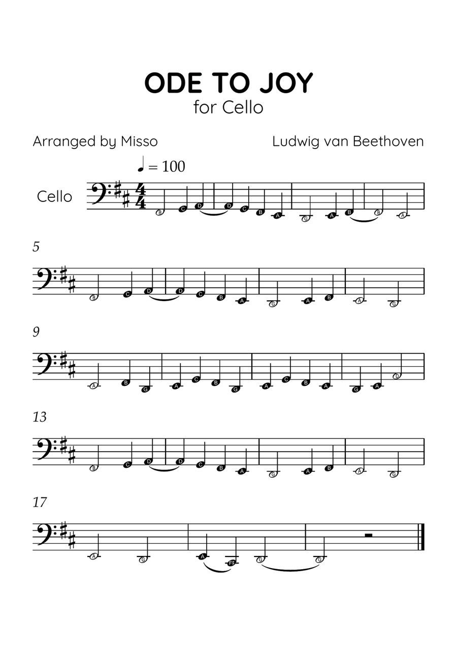 Ode to Joy - Cello in D Major - Beginner Level Letter Names - Sheet Music Cello Solo scores gallery preview page 1