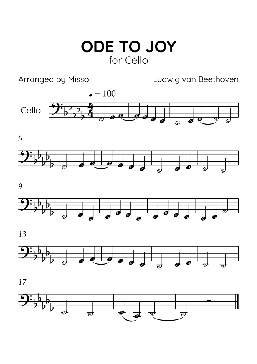 Ode to Joy - Cello in Db Major - Beginner Level Letter Names - Sheet Music Cello Solo scores gallery preview page 1