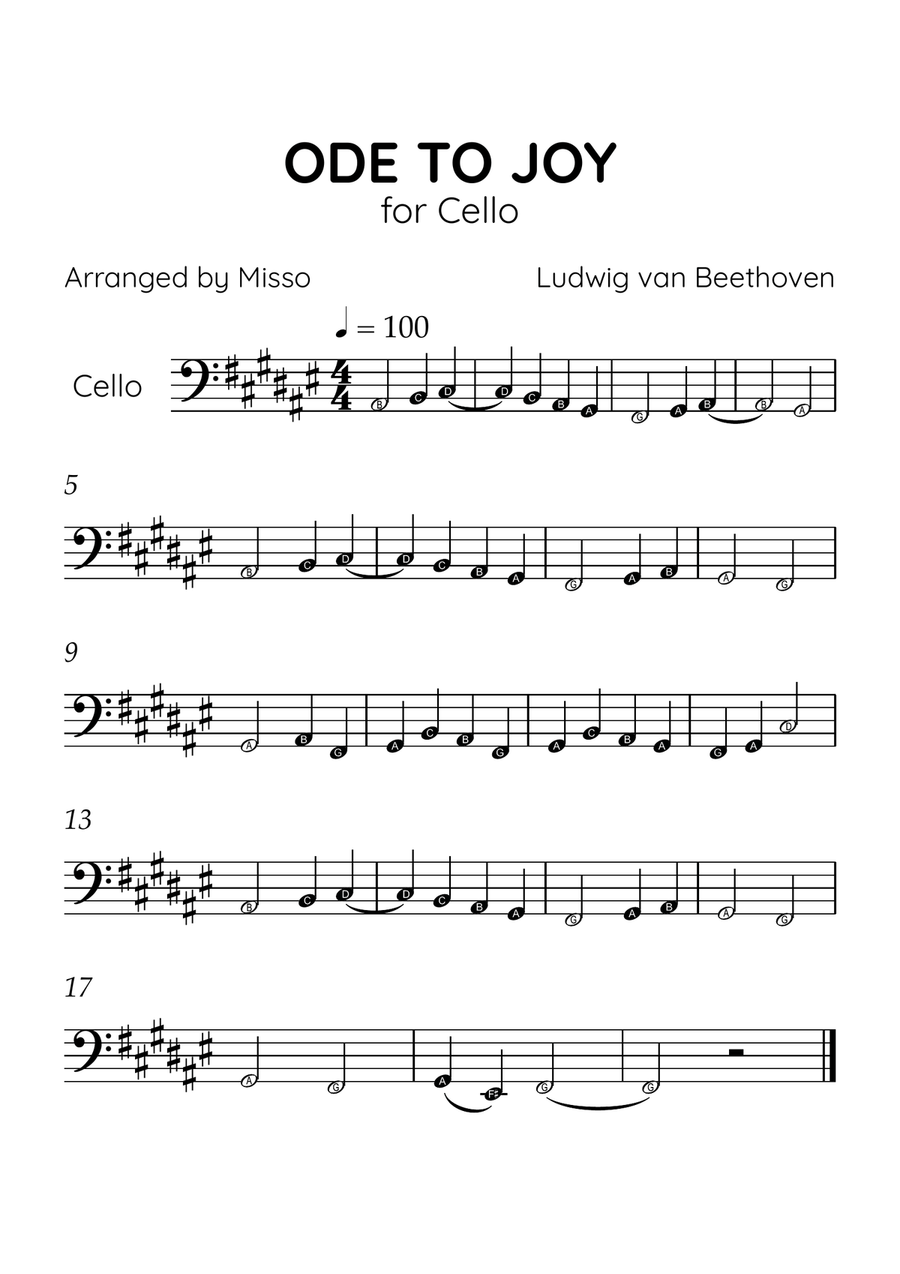 Ode to Joy - Cello in F# Major - Beginner Level Letter Names - Sheet Music Cello Solo scores gallery preview page 1