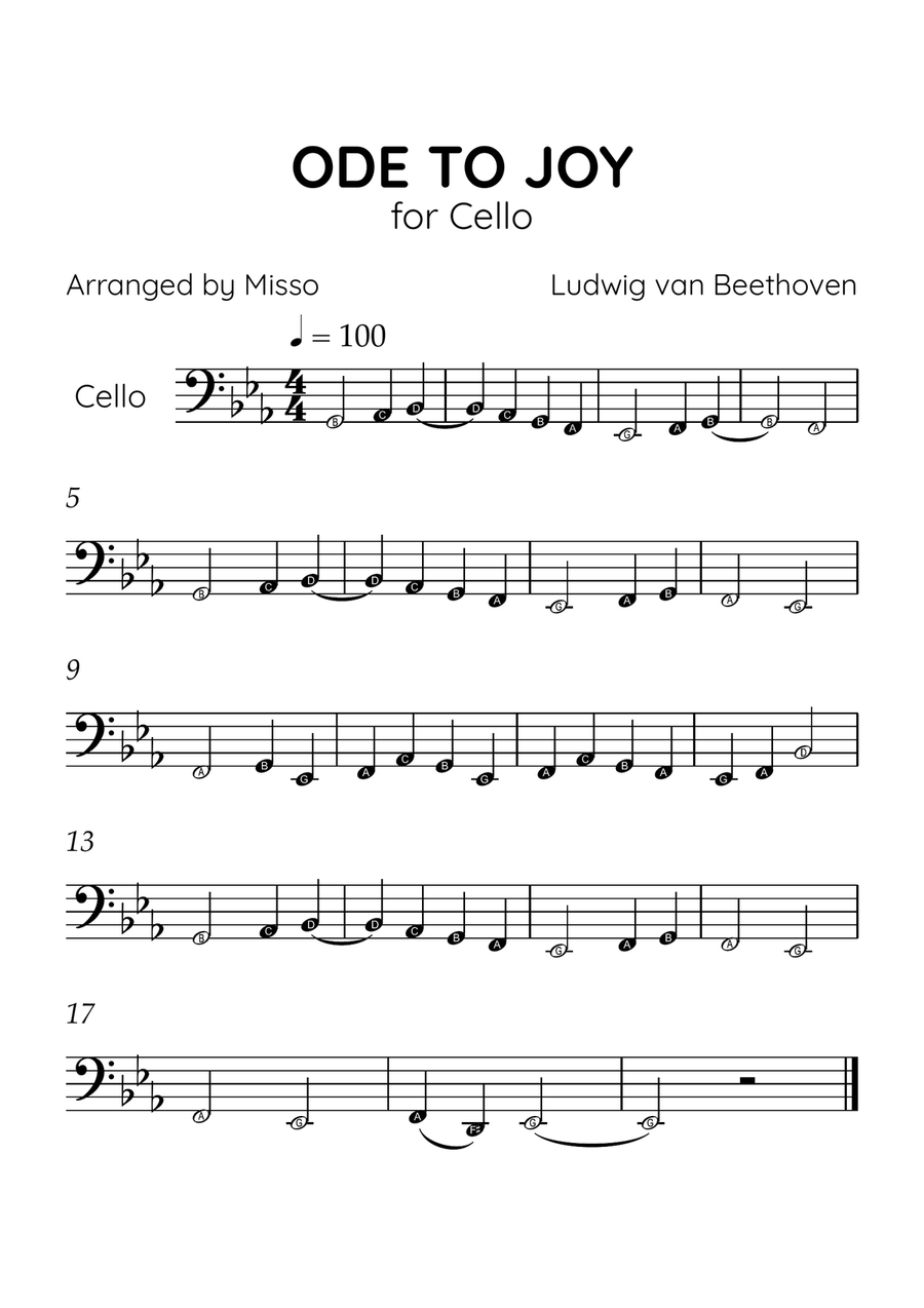 Ode to Joy - Cello in Eb Major - Beginner Level Letter Names - Sheet Music Cello Solo scores gallery preview page 1