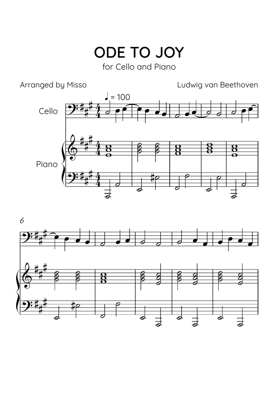 Ode to Joy - Cello and Piano in A Major - Beginner Level - Sheet Music Piano scores gallery preview page 1