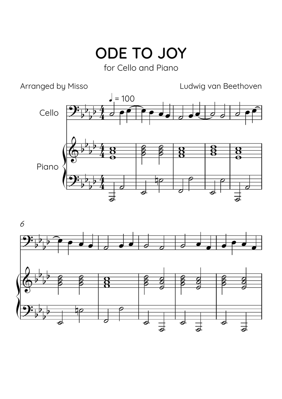 Ode to Joy - Cello and Piano in Ab Major - Beginner Level - Sheet Music Piano scores gallery preview page 1