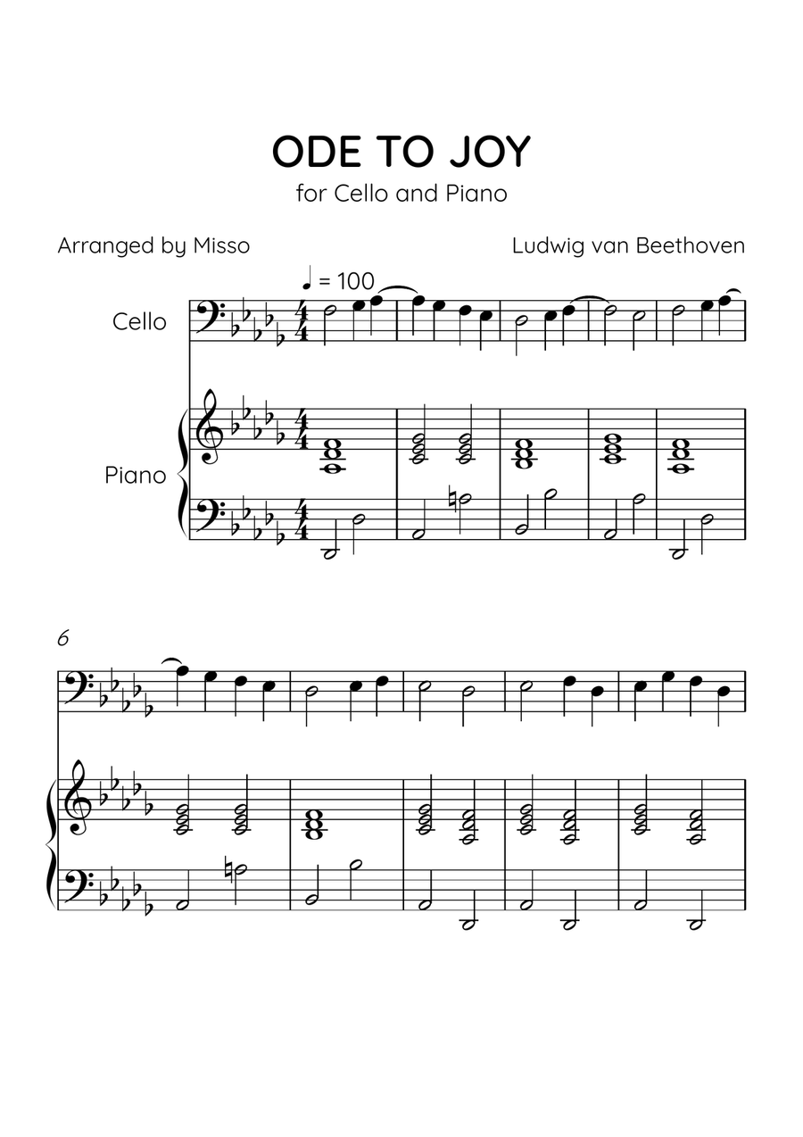 Ode to Joy - Cello and Piano in Db Major - Beginner Level - Sheet Music Piano scores gallery preview page 1