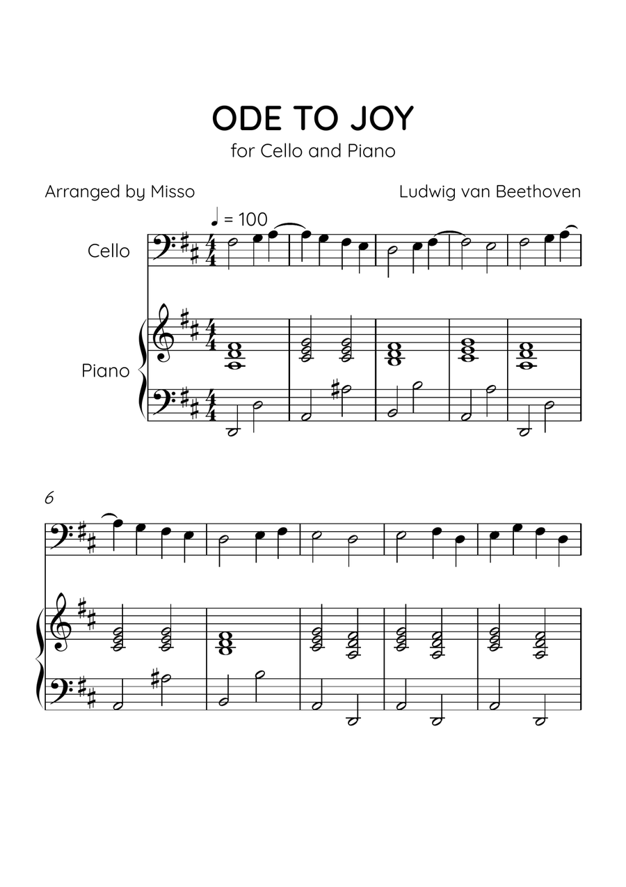 Ode to Joy - Cello and Piano in D Major - Beginner Level - Sheet Music Piano scores gallery preview page 1
