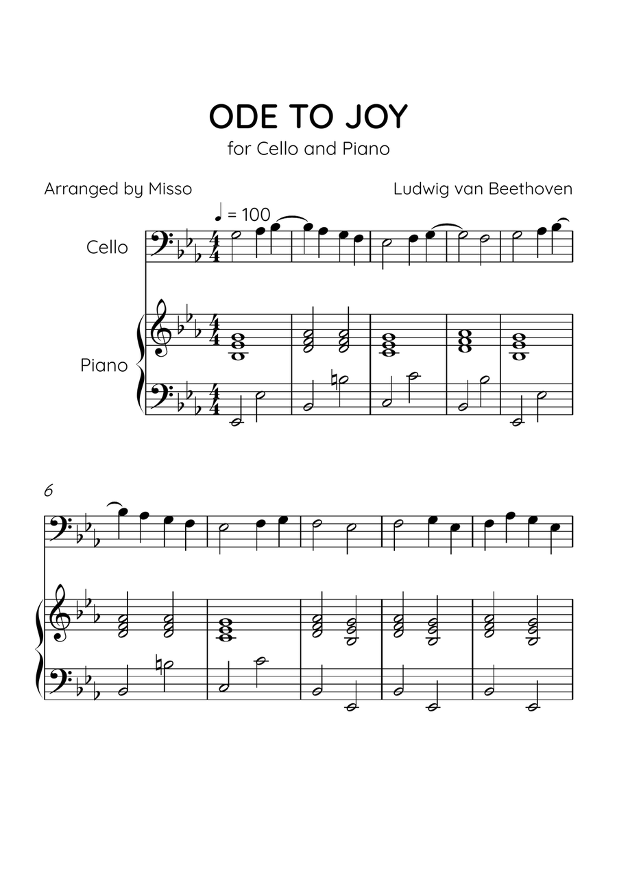 Ode to Joy - Cello and Piano in Eb Major - Beginner Level - Sheet Music Piano scores gallery preview page 1