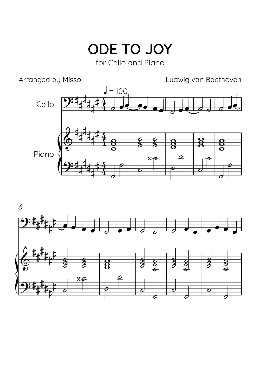 Ode to Joy - Cello and Piano in F# Major - Beginner Level - Sheet Music Piano scores gallery preview page 1