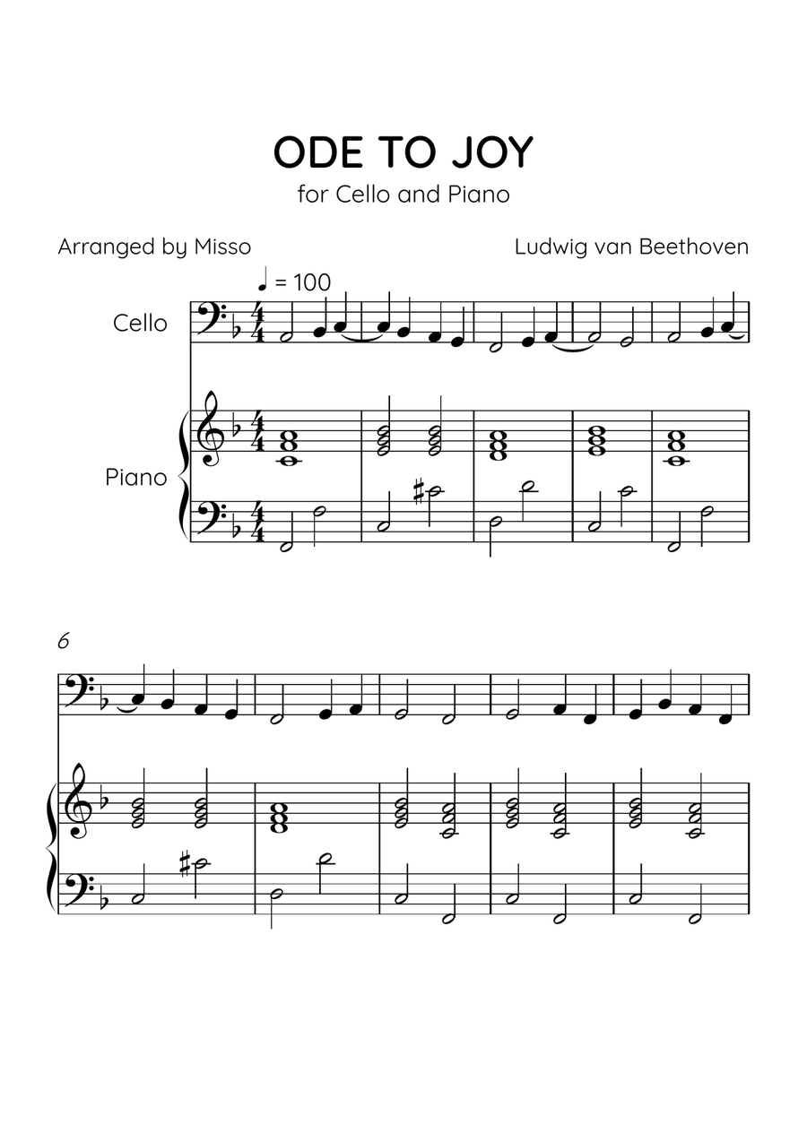 Ode to Joy - Cello and Piano in F Major - Beginner Level - Sheet Music Piano scores gallery preview page 1