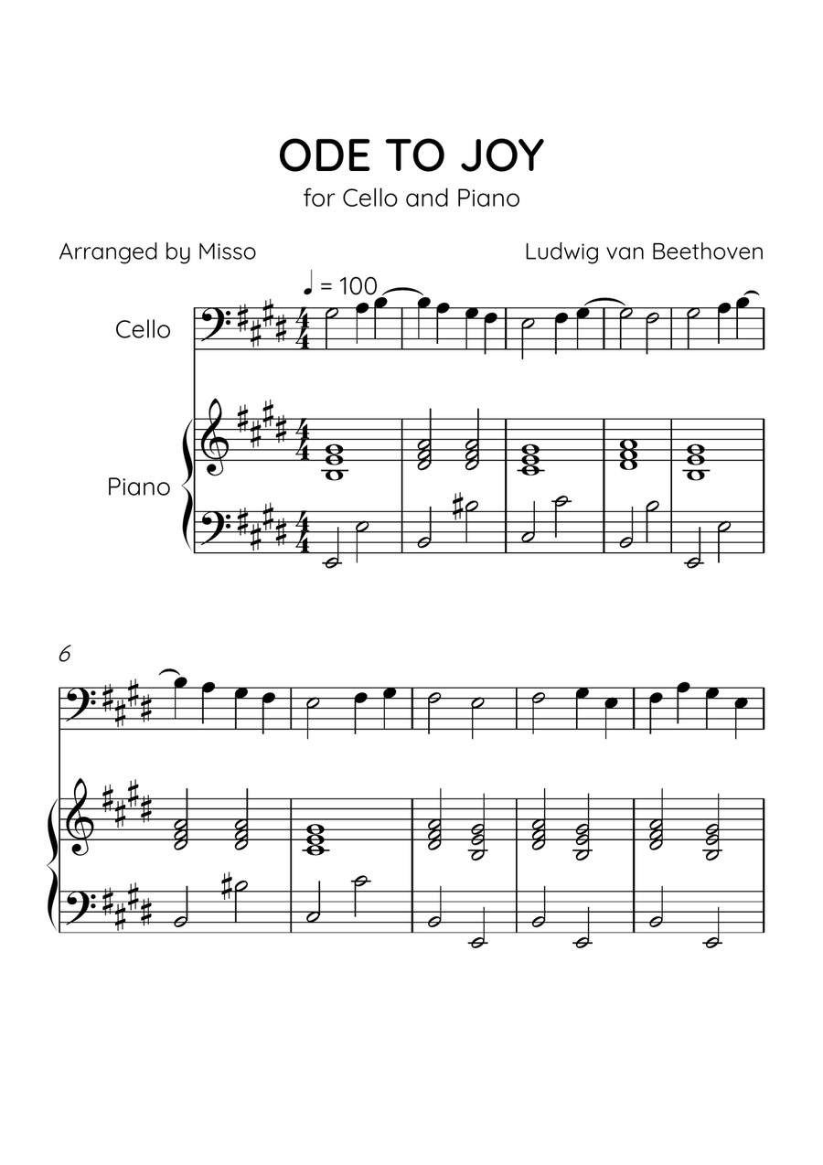 Ode to Joy - Cello and Piano in E Major - Beginner Level - Sheet Music Piano scores gallery preview page 1