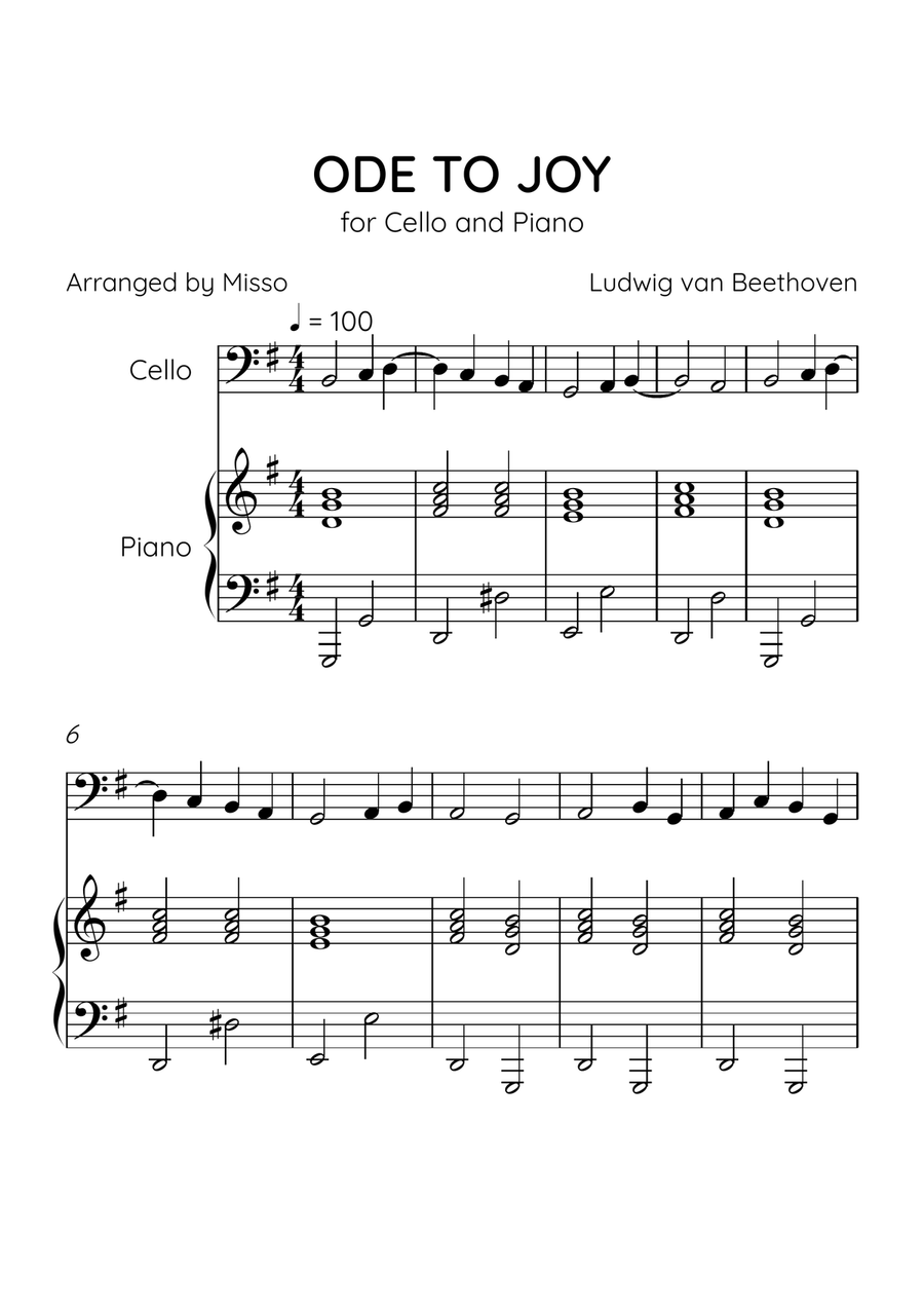 Ode to Joy - Cello and Piano in G Major - Beginner Level - Sheet Music Piano scores gallery preview page 1