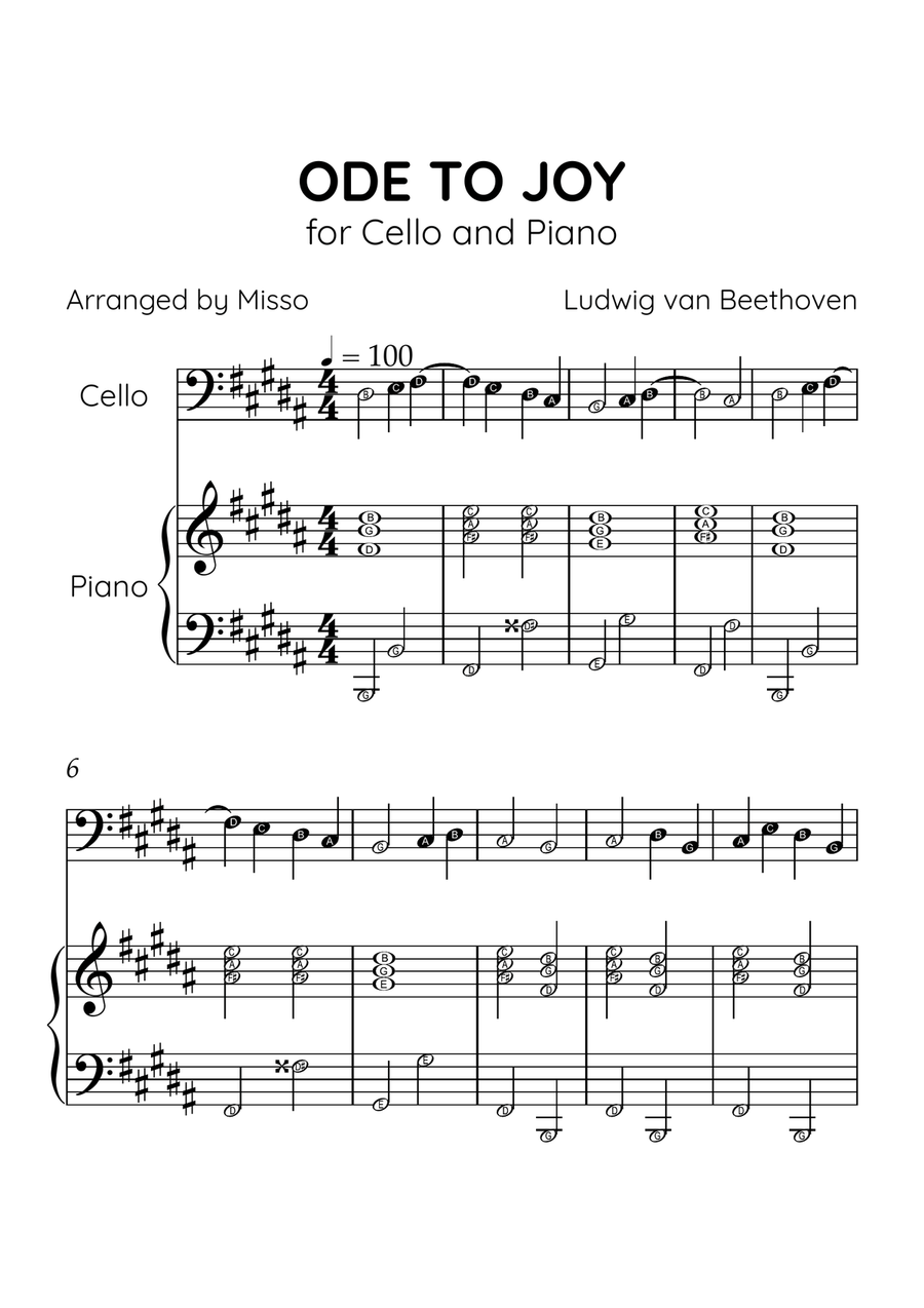 Ode to Joy - Cello and Piano in B Major - Beginner Level Letter Names - Sheet Music Piano scores gallery preview page 1