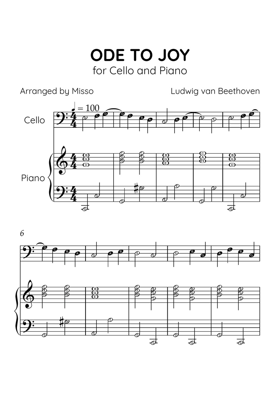 Ode to Joy - Cello and Piano in C Major - Beginner Level Letter Names - Sheet Music Piano scores gallery preview page 1