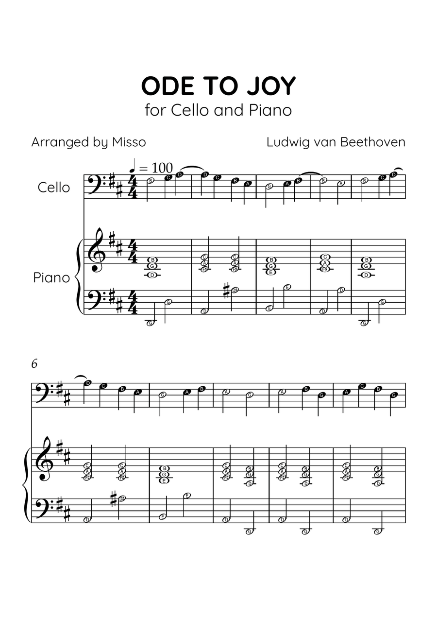 Ode to Joy - Cello and Piano in D Major - Beginner Level Letter Names - Sheet Music Piano scores gallery preview page 1