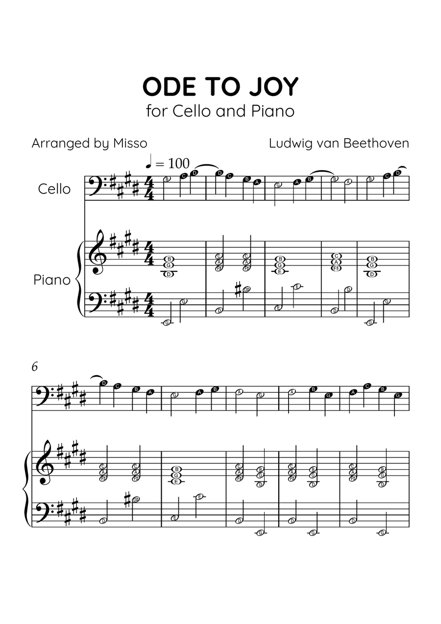 Ode to Joy - Cello and Piano in E Major - Beginner Level Letter Names - Sheet Music Piano scores gallery preview page 1