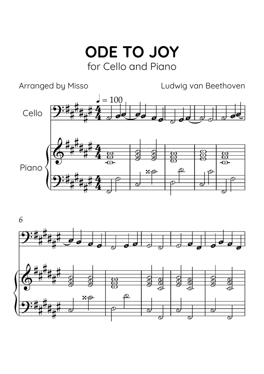 Ode to Joy - Cello and Piano in F# Major - Beginner Level Letter Names - Sheet Music Piano scores gallery preview page 1