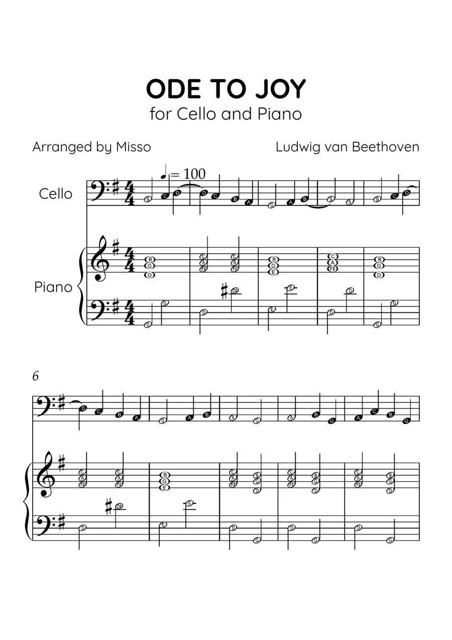 Ode to Joy - Cello and Piano in G Major - Beginner Level Letter Names - Sheet Music Piano scores gallery preview page 1