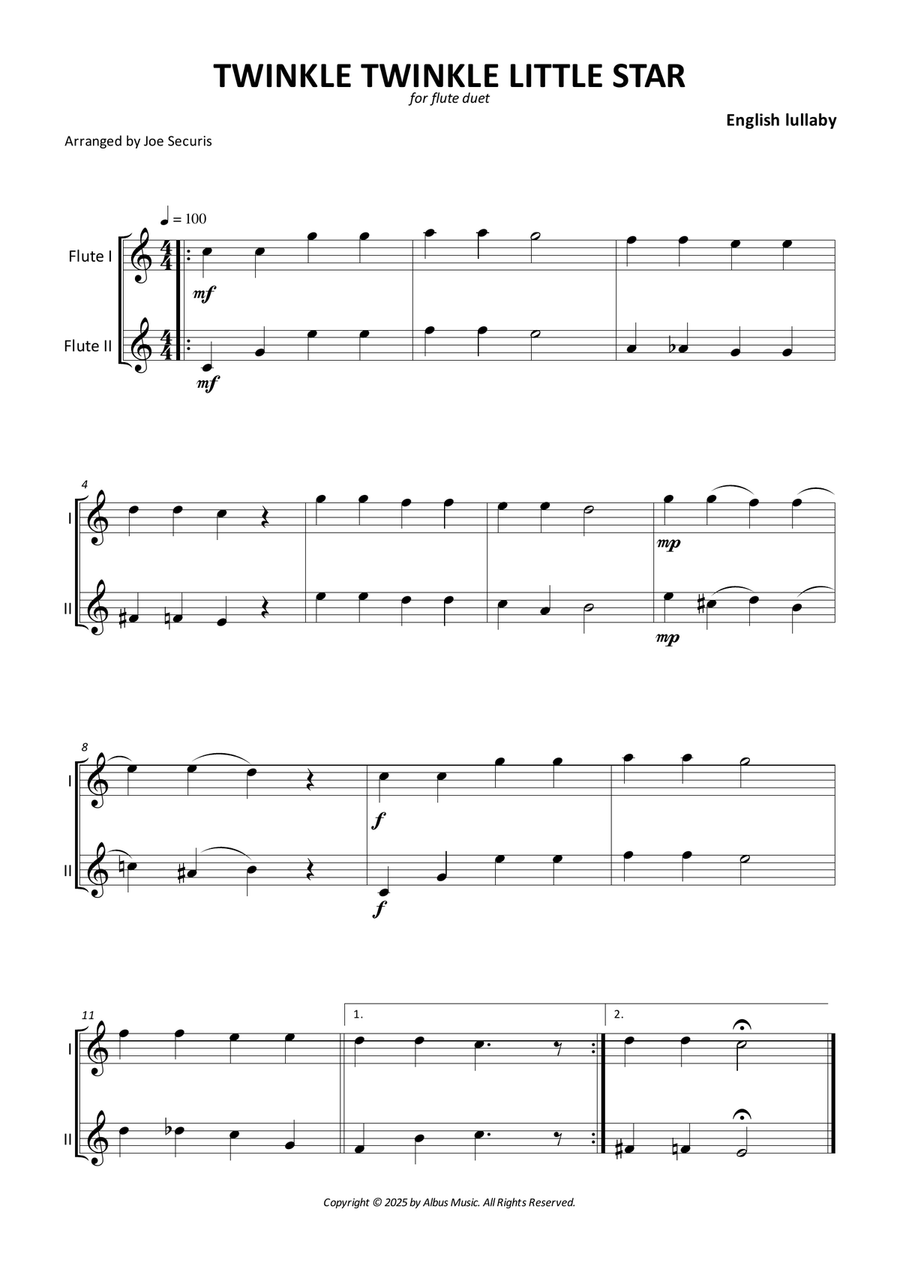 Twinkle Twinkle Little Star Flute Duet scores gallery preview page 1