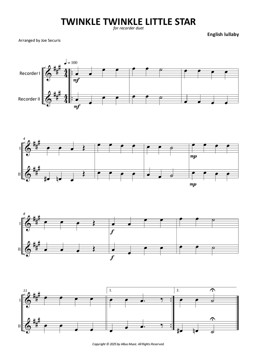 Twinkle Twinkle Little Star Woodwind Duet scores gallery preview page 1