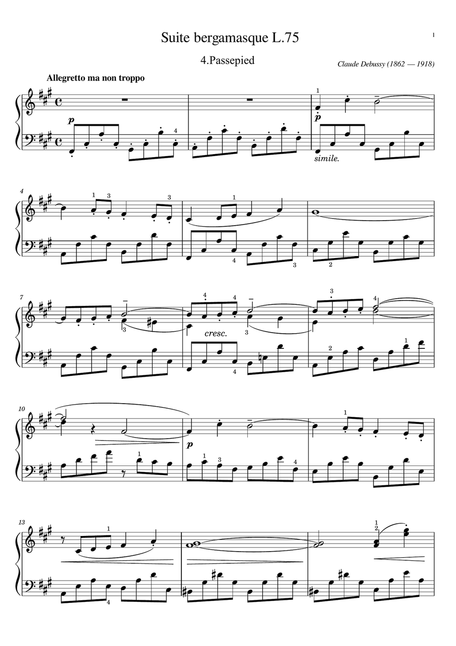 Claude Debussy - Suite bergamasque, L.75 IV. Passepied - for Piano Solo With Fingered Original Piano Solo scores gallery preview page 1